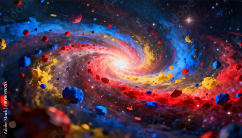 A vector illustration of the effects of a swirl of multicolored particles, resembling the birth of a star with epic glow and depth.