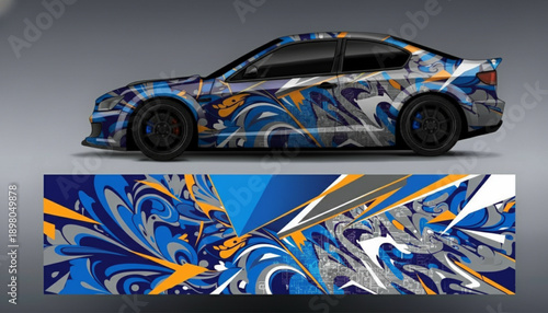 Abstract blue and orange swirl car wrap design on a grey sedan, with the flat graphic shown below.