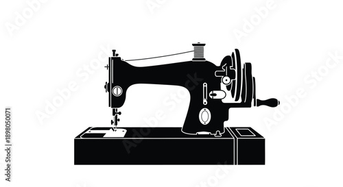 A black silhouette of a vintage sewing machine on a white background
