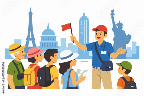 Tour Guide Leading Group A flat vector illustration of a tour guide leading a group of tourists. Guide holds a small flag or umbrella. City landmarks in the background.