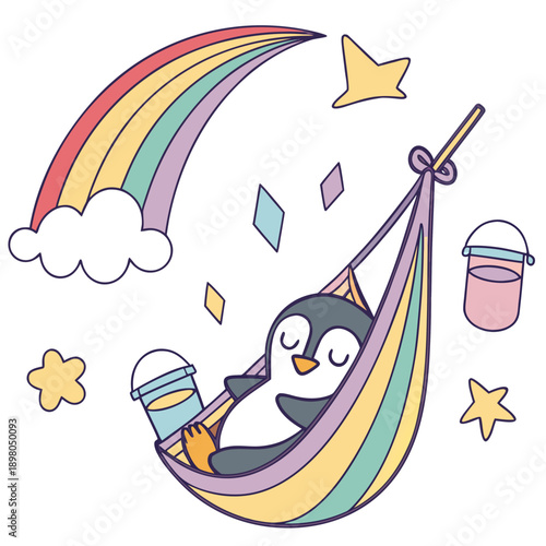 Vector illustration of a Funny Penguin with in a hammock, styled in a Rainbow theme using Pastel Rainbow colors