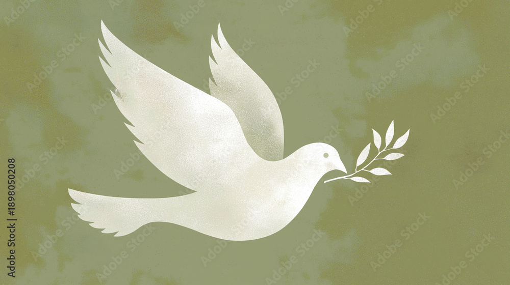 Obraz premium White Dove with Olive Branch on Green Background, Peace Hope and Freedom Symbol, Vintage Illustration