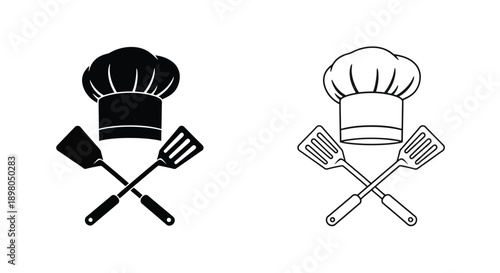 Two chef hat and spatula utensil icons in black and white