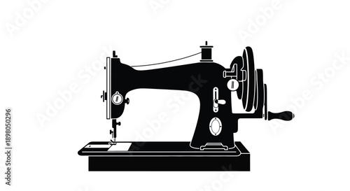 Vintage sewing machine illustration in black and white side view