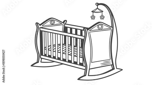 Illustration of a baby's crib with a mobile hanging above it in a nursery