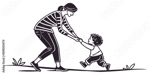 A woman holding a child's hand while walking together outdoors in a serene natural setting