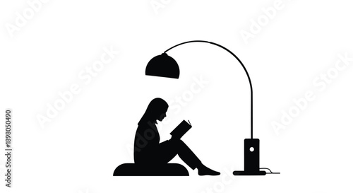 A silhouette of a person reading under an arched floor lamp