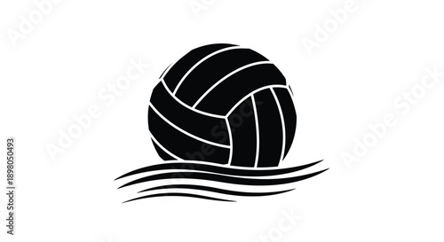 A black silhouette of a volleyball above wavy lines on white