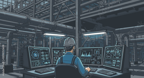 An experienced engineer meticulously monitors complex systems and vital data within a modern industrial control room, ensuring operational efficiency and safety.