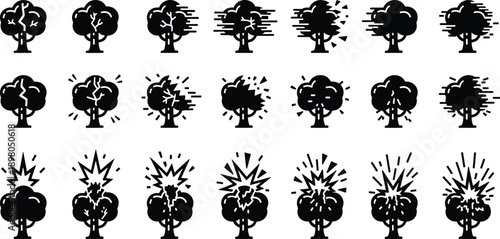 Set of black tree icons showing destruction and explosion stages with cracks and fragments trees broken tree