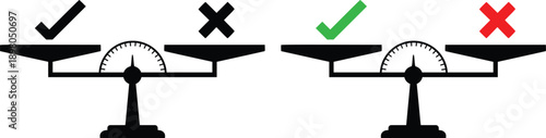 Correct vs Incorrect Decision Concept with Balance Scale, Check Mark and Cross Symbol, Right and Wrong Comparison Vector Illustration
