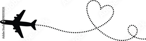 Silhouette airplane flying on a dotted line forming a heart shape on a white background flight path travel