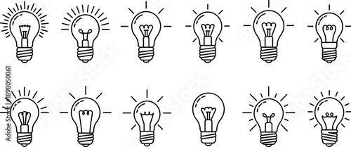 Set of simple outline light bulb icons representing ideas innovation and creativity on a white background