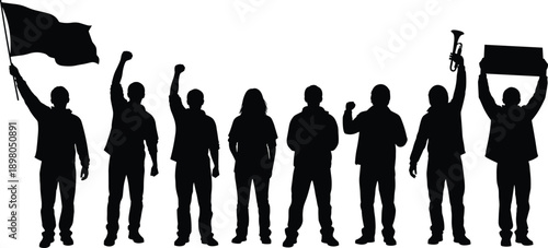 Silhouette crowd of protestors with flag raised fist and protest sign demonstration people