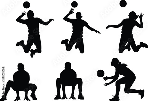 Silhouette of volleyball players in various action poses athletes sports