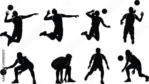 Silhouettes of volleyball players in various action poses on a white background jumping hitting