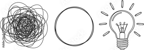 Three icons representing confusion, clarity, and a lightbulb idea on a white background concept thought