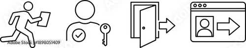 User login and access icons with running person key and open door symbols sign in profile