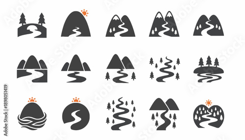 Mountain landscape icons with winding rivers and trees on hills