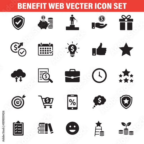 employee benefit vector icons, business reward symbols, insurance benefit graphics, corporate welfare icons, compensation package elements, HR benefit pack, benefit outline set

