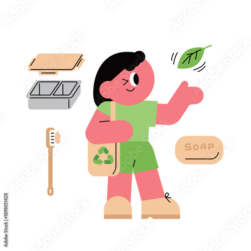 Little girl holding recycling bag with eco-friendly items for sustainable living.