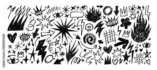 A vibrant collection of various abstract doodles and graffiti elements arranged in a lively pattern on a plain white surface, featuring kfkd.