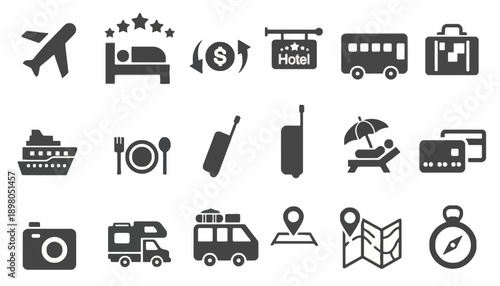 Travel icons showcase various transportation and vacation related symbols together