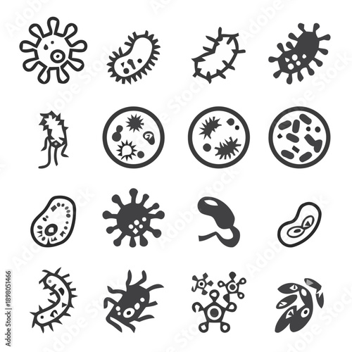 Various microbiology illustrations show bacteria, viruses, and cells in a lab setting for educational purposes with kfkd.
