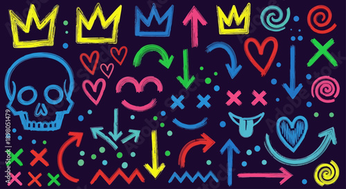 Colorful graffiti symbols and shapes adorn a dark background surface kfkd.