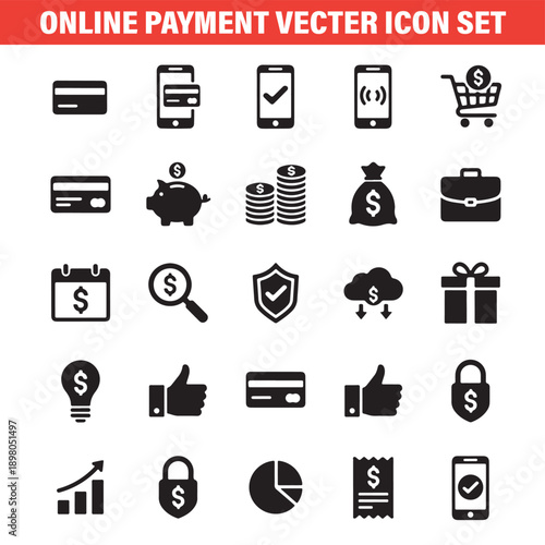 online payment vector icon set, digital transaction symbols, e commerce payment icons, secure money transfer graphics, fintech banking pack, cashless payment elements, payment outline set

