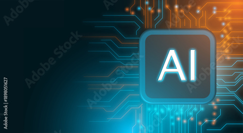 Futuristic AI Technology Concept with Glowing Circuit Board and Digital Interface Elements