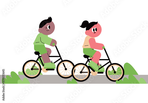 Young kids cycling together to promote green energy and clean transport.