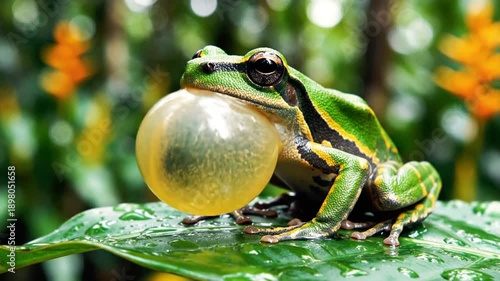 A vibrant green amphibian with inflated throat pouch, sitting on a leaf, with blurred background