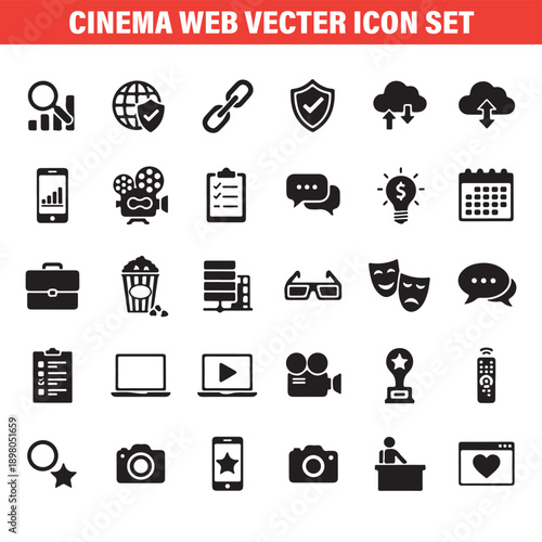 cinema web vector icons, movie entertainment symbols, film industry graphics, video media elements, online cinema pack, movie website icons, cinema outline set

