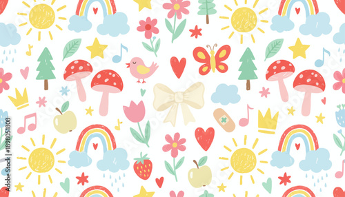 Colorful whimsical illustration of kfkd elements in a lively pattern on a white background
