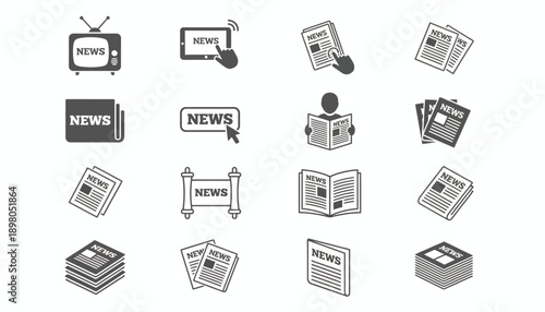 A collection of news icons and illustrations are presented in a grid