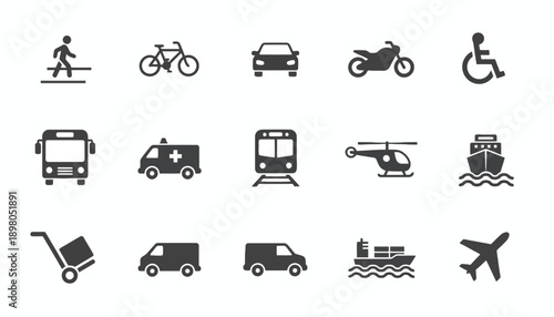 Various transportation icons including a bike, car, motorcycle, and airplane are shown.