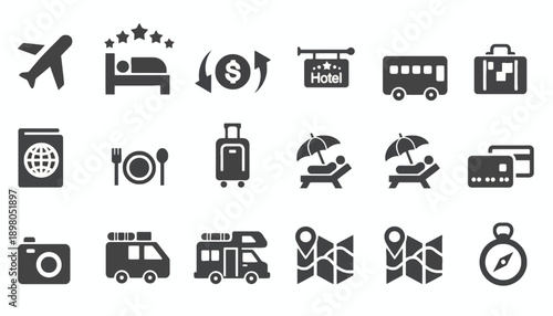 Travel icons illustrate various transportation and accommodation services on kfkd 74 ai