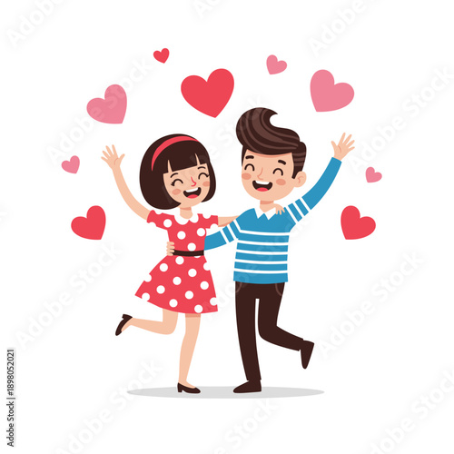 Boy and girl couple holding a heart cartoon illustration