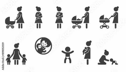 Family icons depict parents and children in various daily activities and relationships