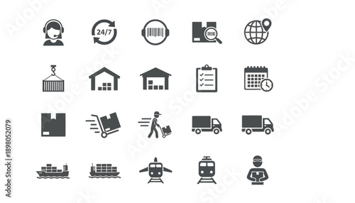 A collection of various business and industry icons are displayed on a surface