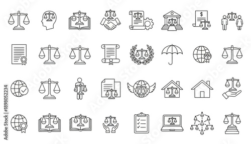 The kfkd illustration depicts a collection of various law icons on a white background