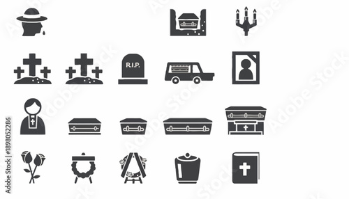 Funeral service ceremony with coffin, mourners, priest, and grave markers