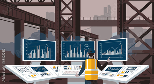 A dedicated industrial worker in a safety vest meticulously analyzes complex data visualizations on multiple screens at a control panel in a vast factory.