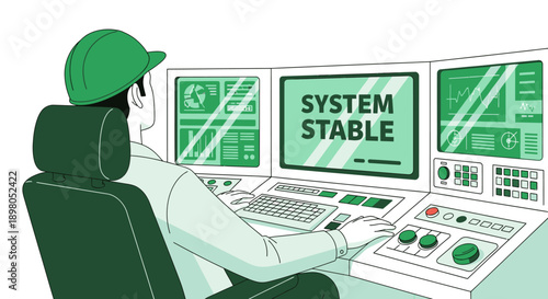 An illustration of a male engineer in a hard hat diligently monitoring complex systems within a modern control room, ensuring operational stability and security.