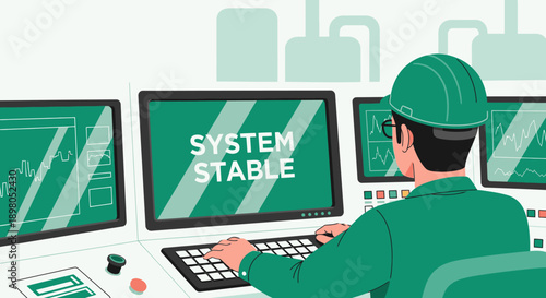 A dedicated operator wearing a hard hat oversees critical industrial processes, confirming system stability on a central monitor within a control room.