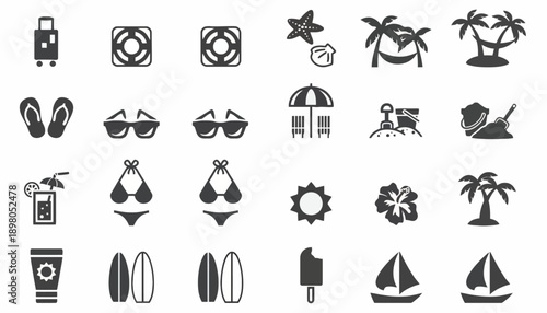 Beach vacation icons depict various summer items and symbols on a white background with kfkd