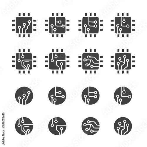 Circuit board icons with various chip and microchip designs displayed