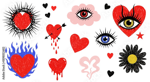 A collection of hearts, eyes, and flowers with various expressions and emotions are scattered on a surface.