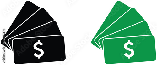 Money stack icon in flat solid style featuring layered banknotes with dollar symbol.